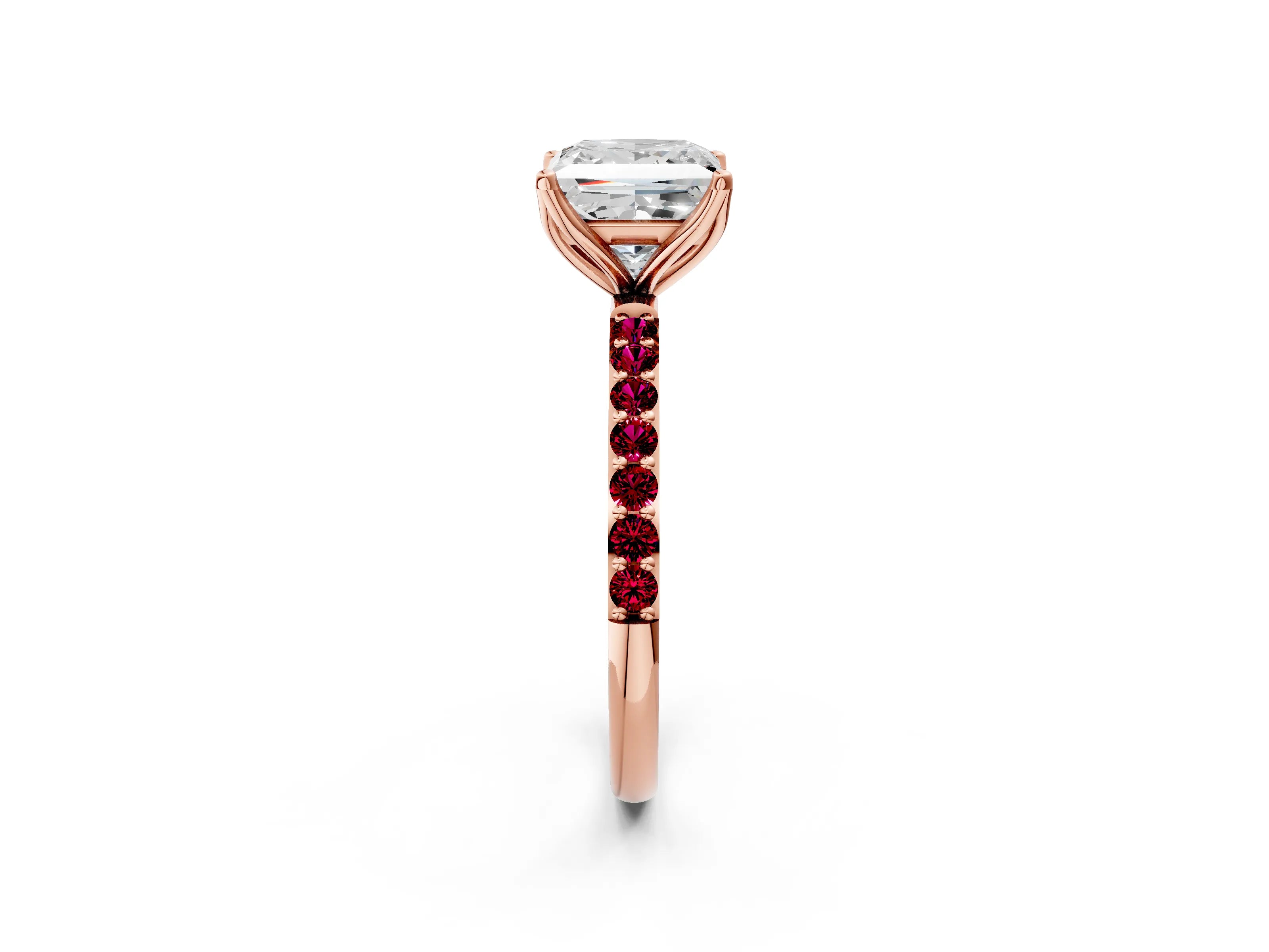 Rose gold Princess Cut Diamond Solitaire Engagement Ring with Round with Garnet side stone Pavé Band and Prong Setting_2