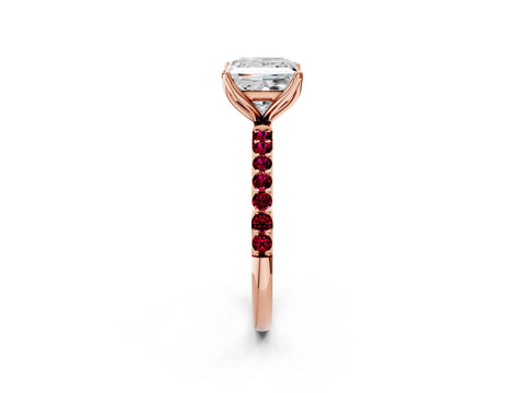 Rose gold Princess Cut Diamond Solitaire Engagement Ring with Round with Garnet side stone Pavé Band and Prong Setting_2