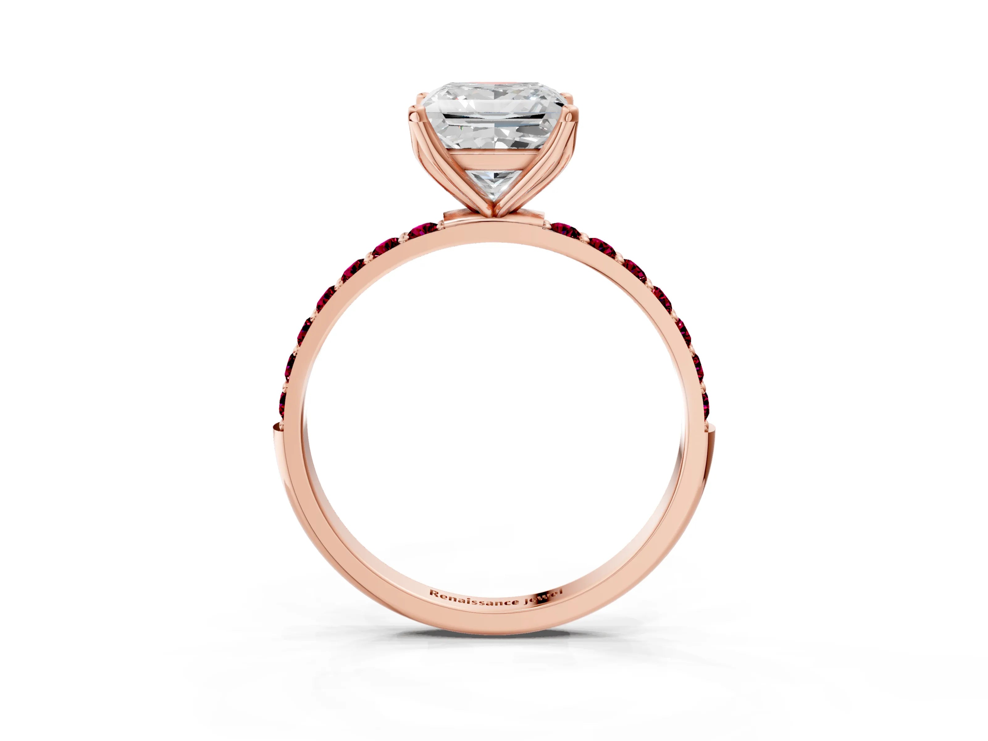 Rose gold Princess Cut Diamond Solitaire Engagement Ring with Round with Garnet side stone Pavé Band and Prong Setting_3