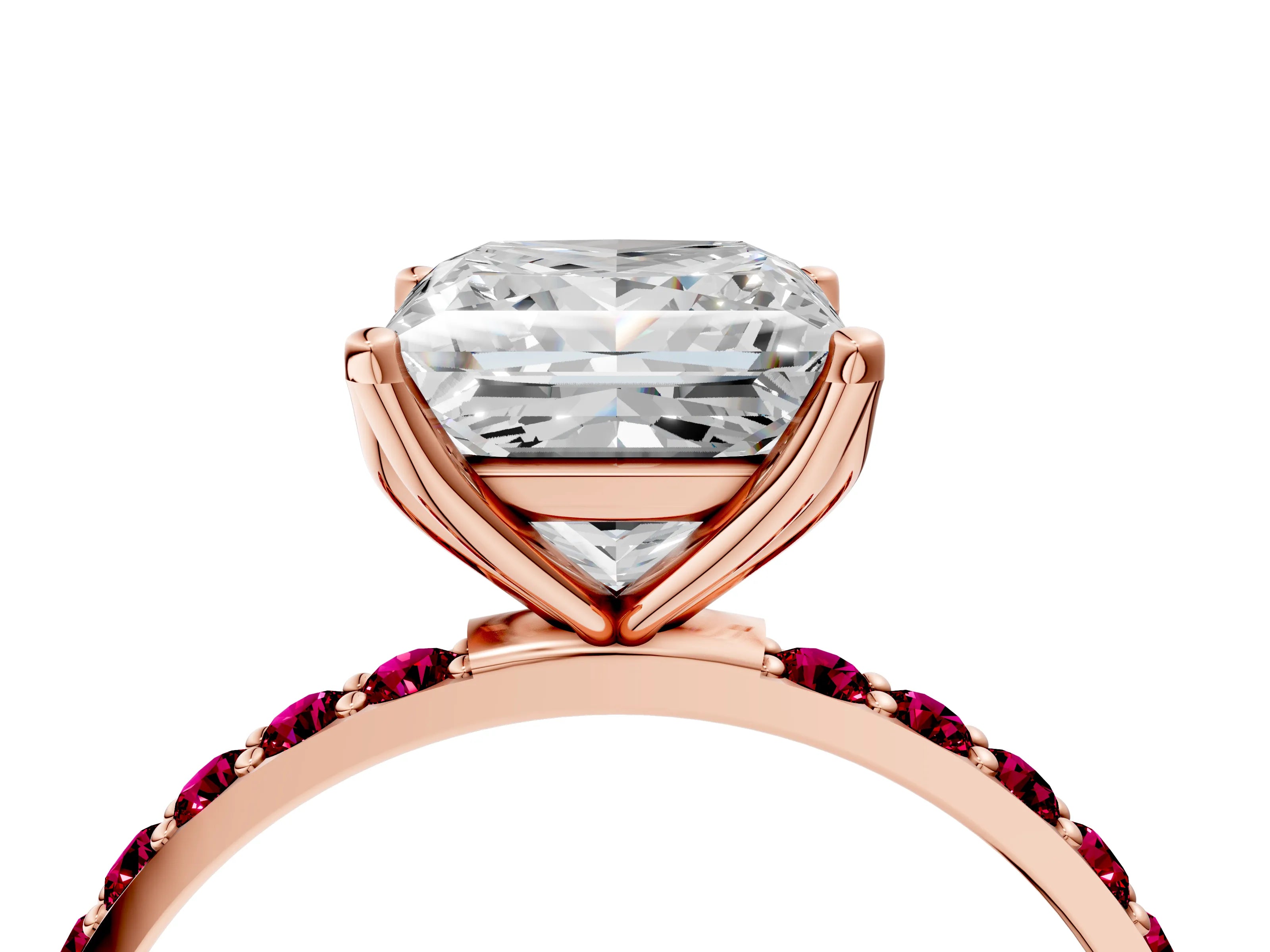 Rose gold Princess Cut Diamond Solitaire Engagement Ring with Round with Garnet side stone Pavé Band and Prong Setting_4