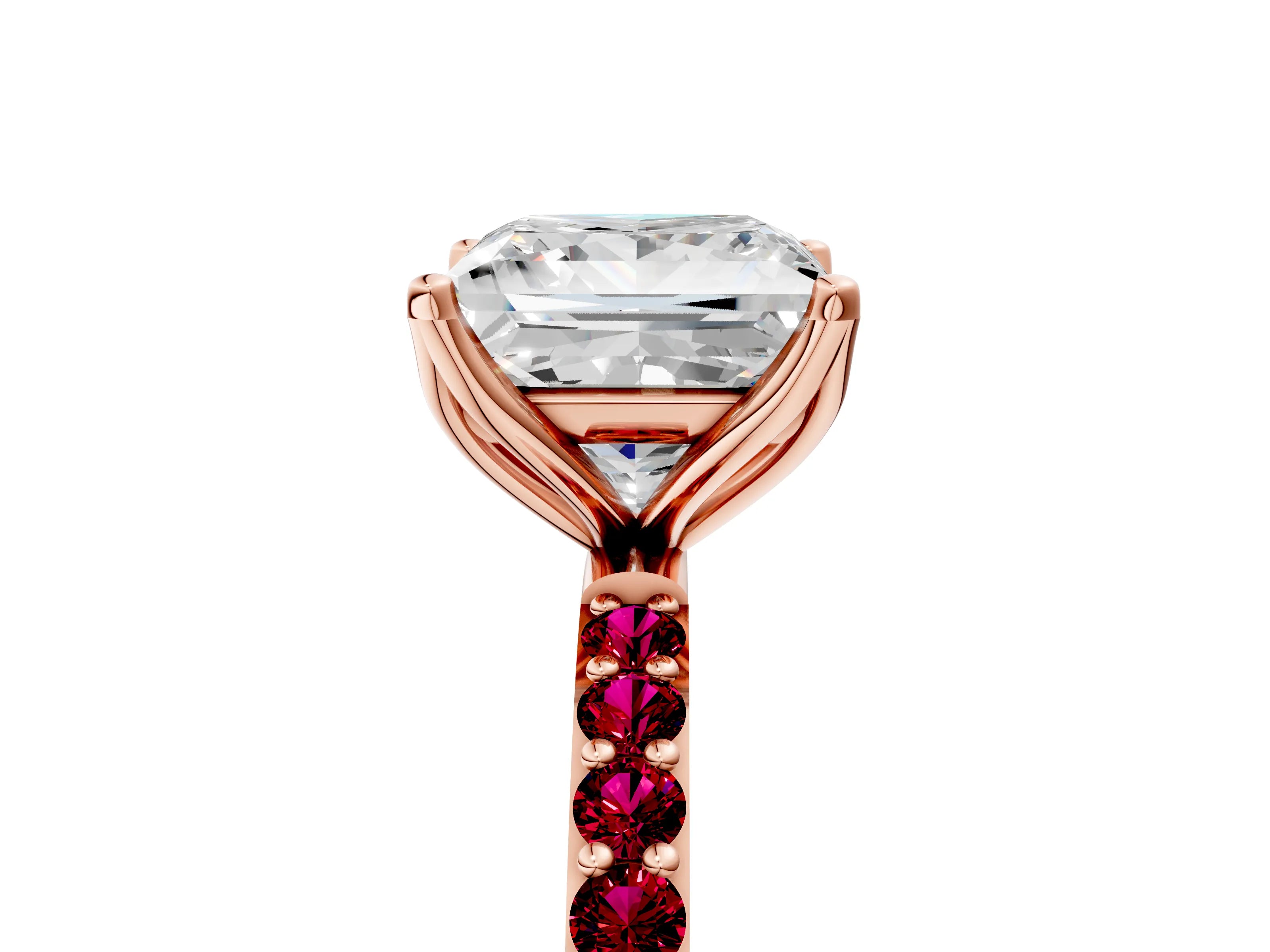 Rose gold Princess Cut Diamond Solitaire Engagement Ring with Round with Garnet side stone Pavé Band and Prong Setting_5