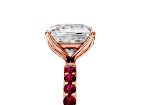 Rose gold Princess Cut Diamond Solitaire Engagement Ring with Round with Garnet side stone Pavé Band and Prong Setting_5