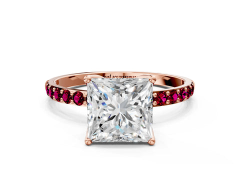 Rose gold Princess Cut Diamond Solitaire Engagement Ring with Round with Garnet side stone Pavé Band and Prong Setting