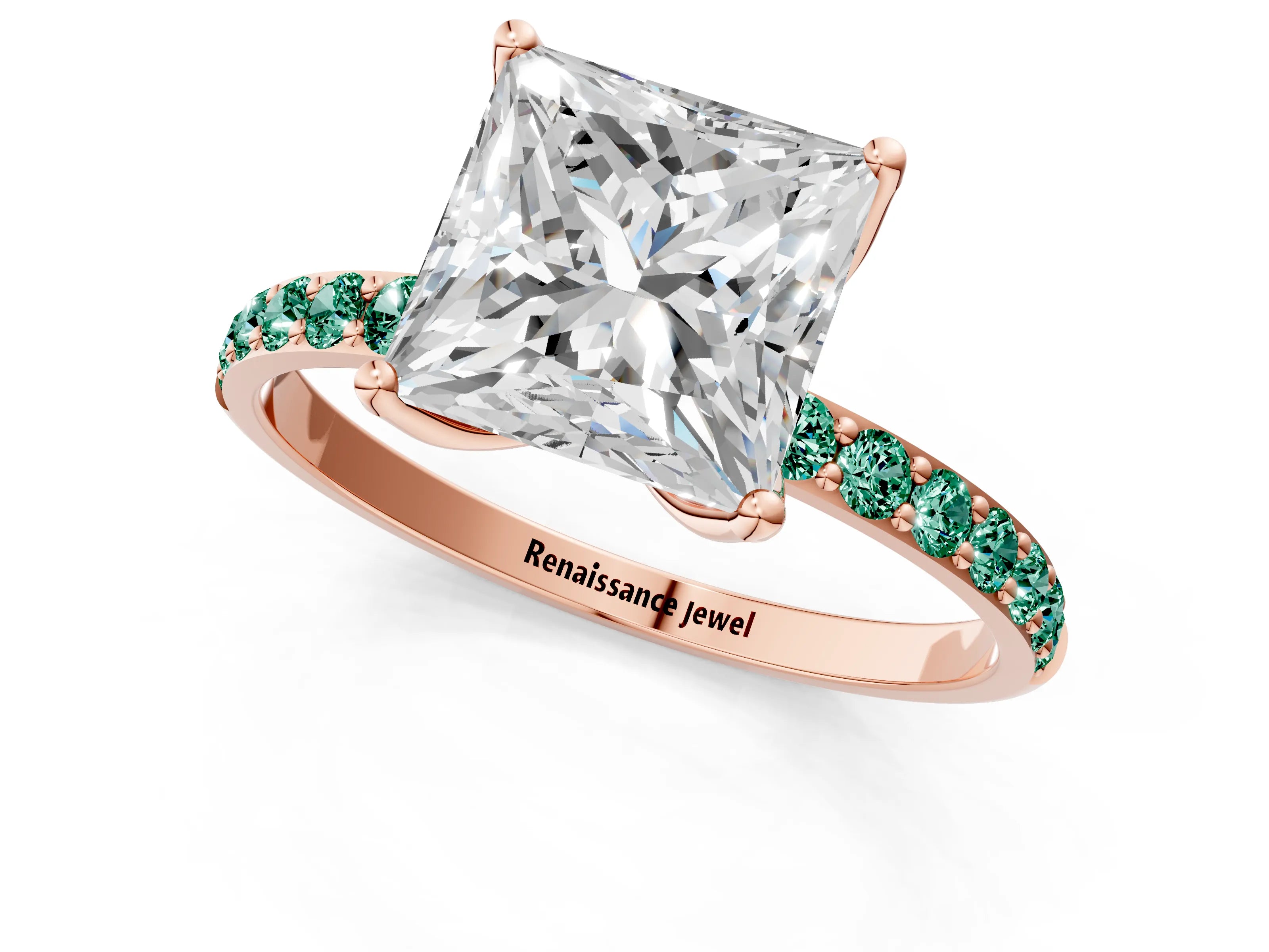 Rose gold Princess Cut Diamond Solitaire Engagement Ring with Round with Green Sapphire side stone Pavé Band and Prong Setting_1