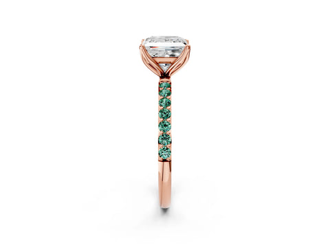 Rose gold Princess Cut Diamond Solitaire Engagement Ring with Round with Green Sapphire side stone Pavé Band and Prong Setting_2