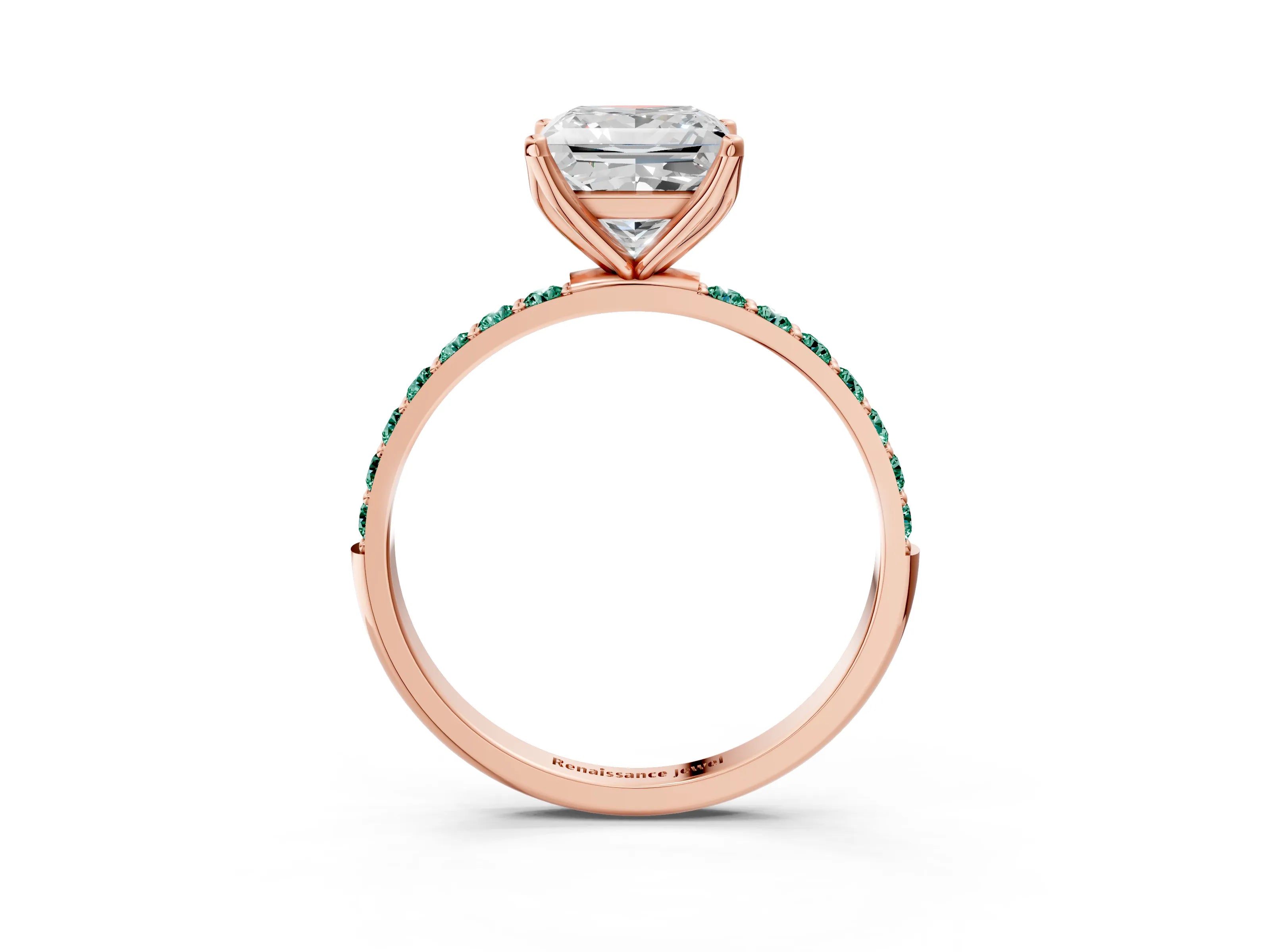 Rose gold Princess Cut Diamond Solitaire Engagement Ring with Round with Green Sapphire side stone Pavé Band and Prong Setting_3
