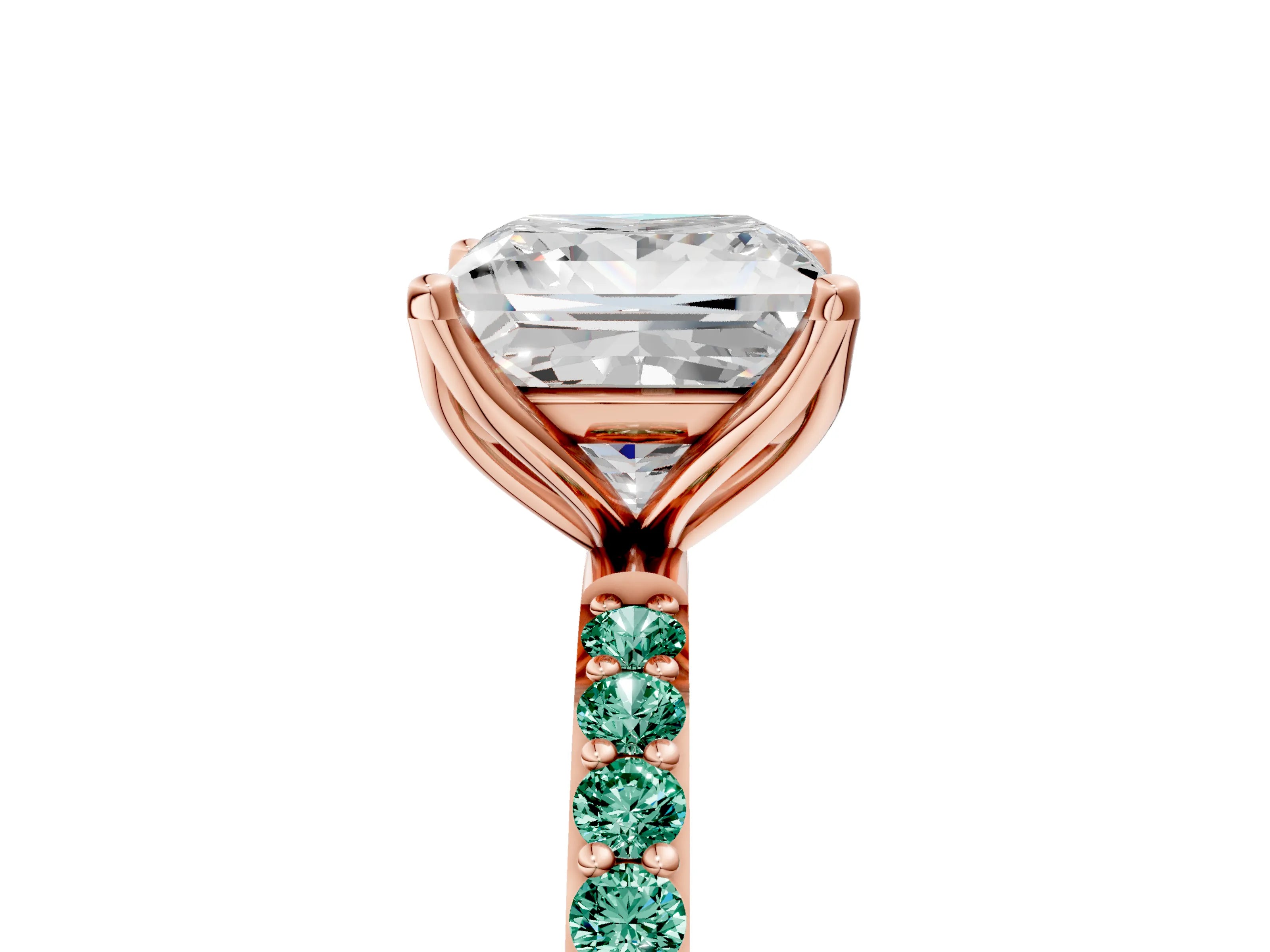 Rose gold Princess Cut Diamond Solitaire Engagement Ring with Round with Green Sapphire side stone Pavé Band and Prong Setting_5