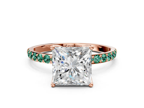 Rose gold Princess Cut Diamond Solitaire Engagement Ring with Round with Green Sapphire side stone Pavé Band and Prong Setting