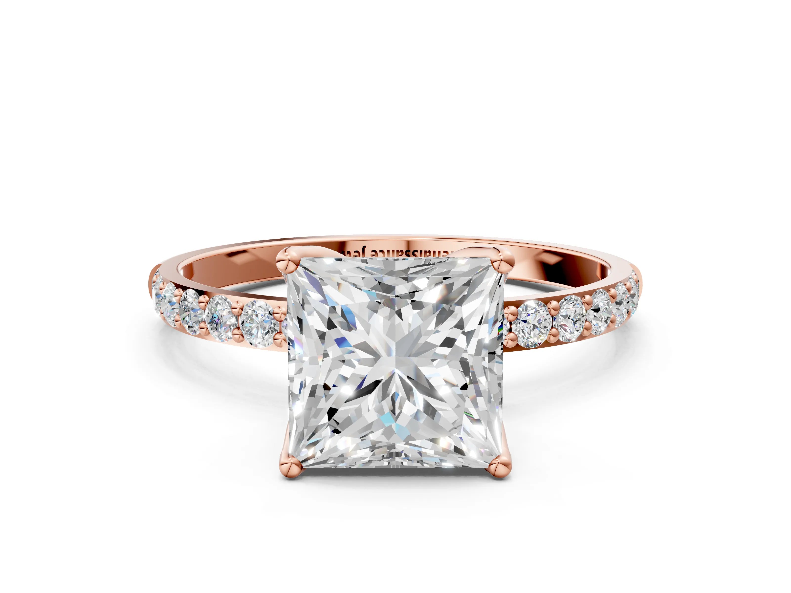 Rose gold Princess Cut Diamond Solitaire Engagement Ring with Round with Moissanite side stone Pavé Band and Prong Setting