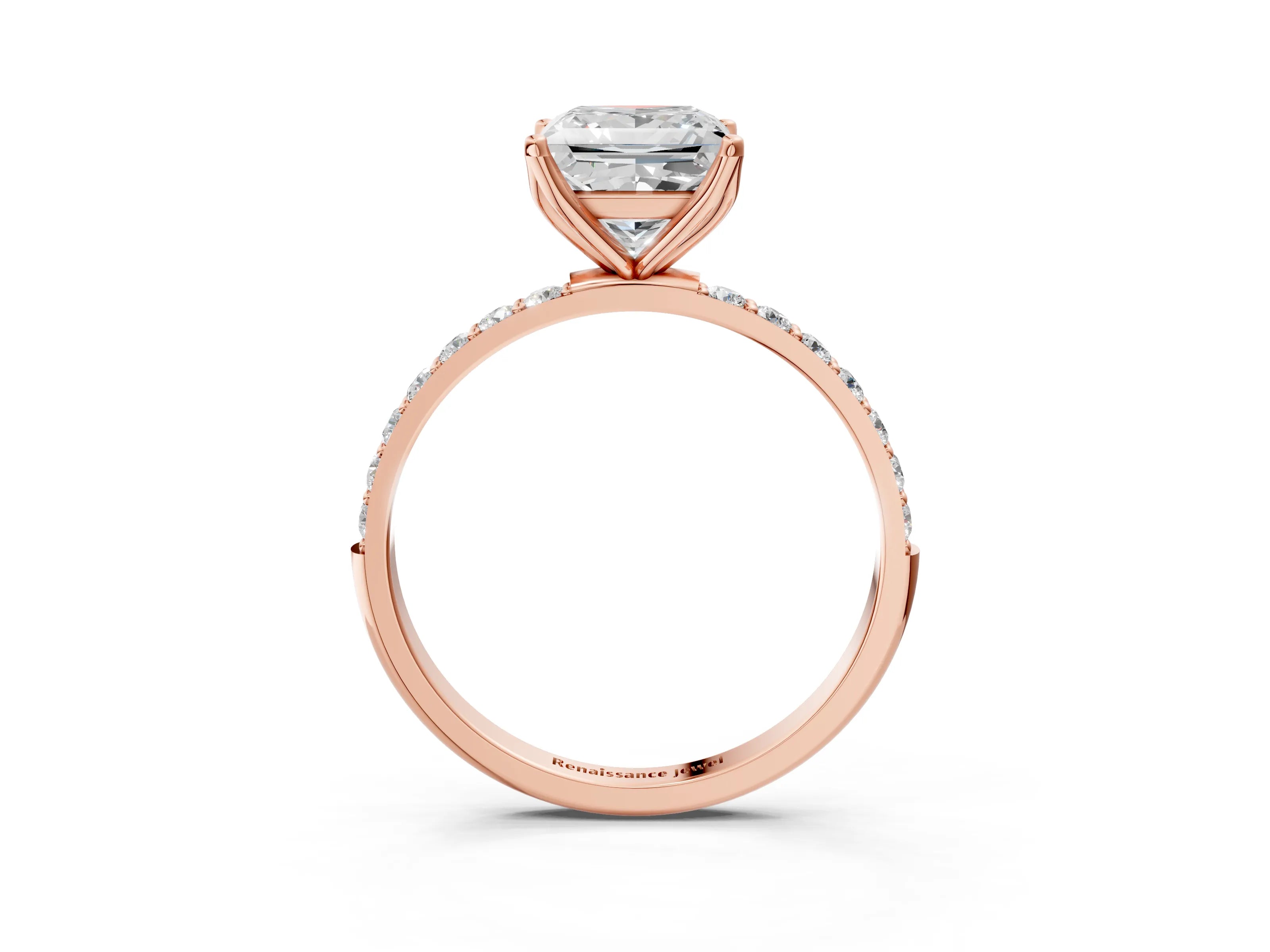 Rose gold Princess Cut Diamond Solitaire Engagement Ring with Round with Moissanite side stone Pavé Band and Prong Setting_3