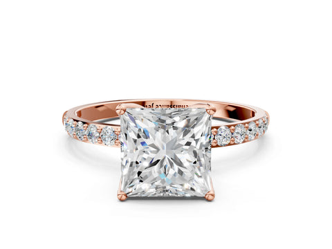 Rose gold Princess Cut Diamond Solitaire Engagement Ring with Round with Moissanite side stone Pavé Band and Prong Setting