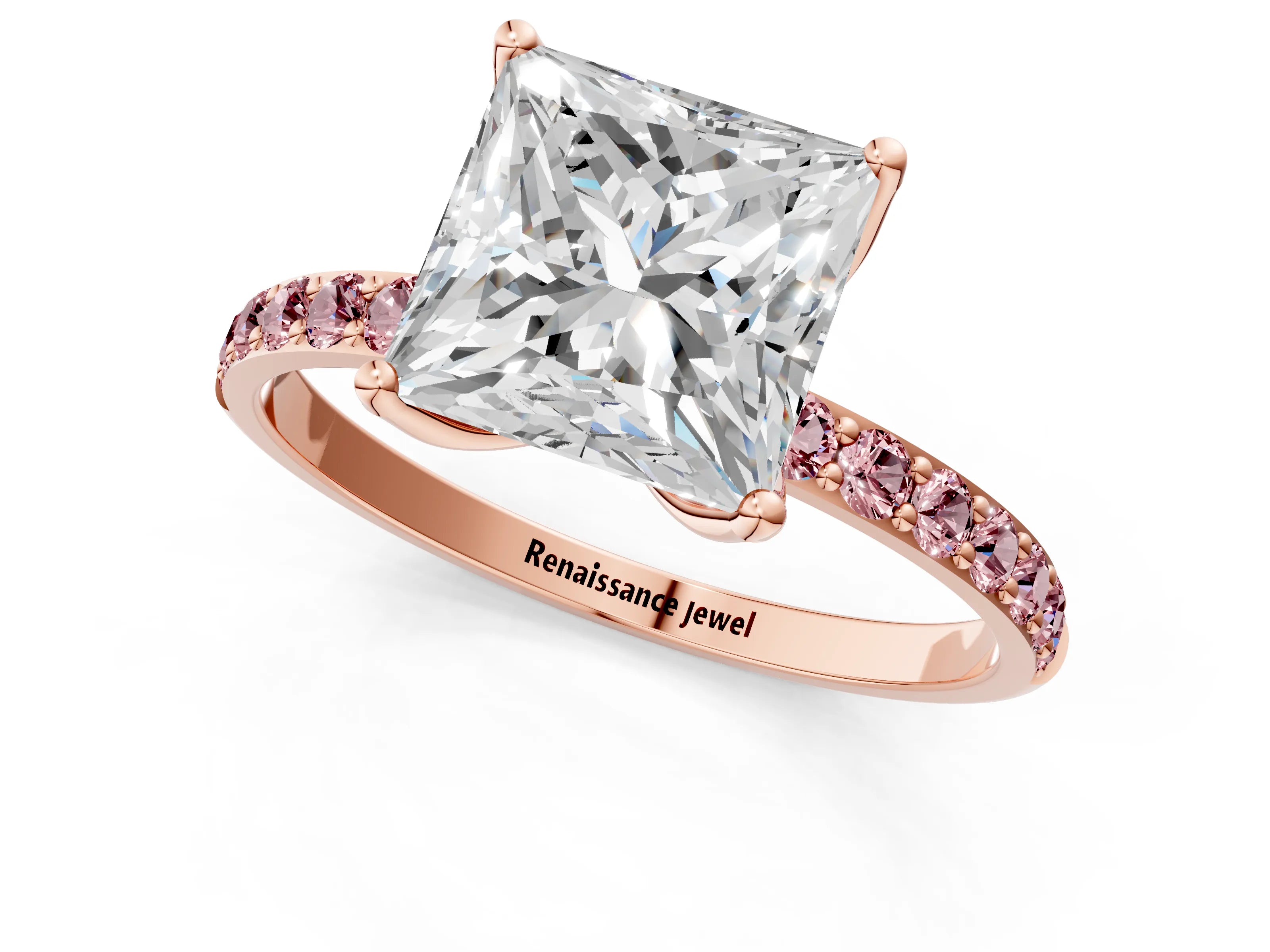 Rose gold Princess Cut Diamond Solitaire Engagement Ring with Round with Morganite side stone Pavé Band and Prong Setting_1