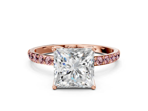 Rose gold Princess Cut Diamond Solitaire Engagement Ring with Round with Morganite side stone Pavé Band and Prong Setting