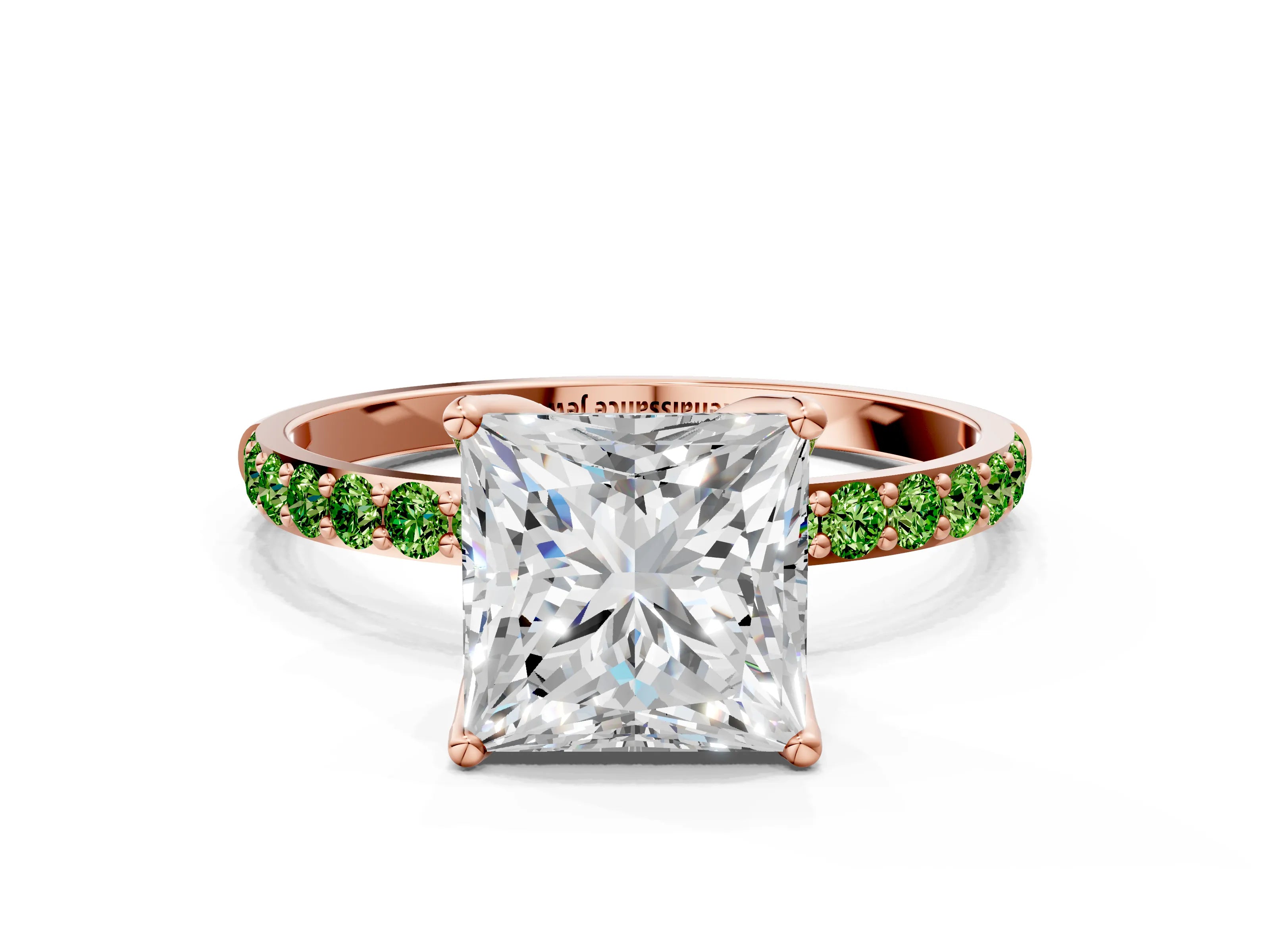 Rose gold Princess Cut Diamond Solitaire Engagement Ring with Round with Peridot side stone Pavé Band and Prong Setting