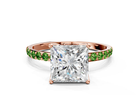 Rose gold Princess Cut Diamond Solitaire Engagement Ring with Round with Peridot side stone Pavé Band and Prong Setting