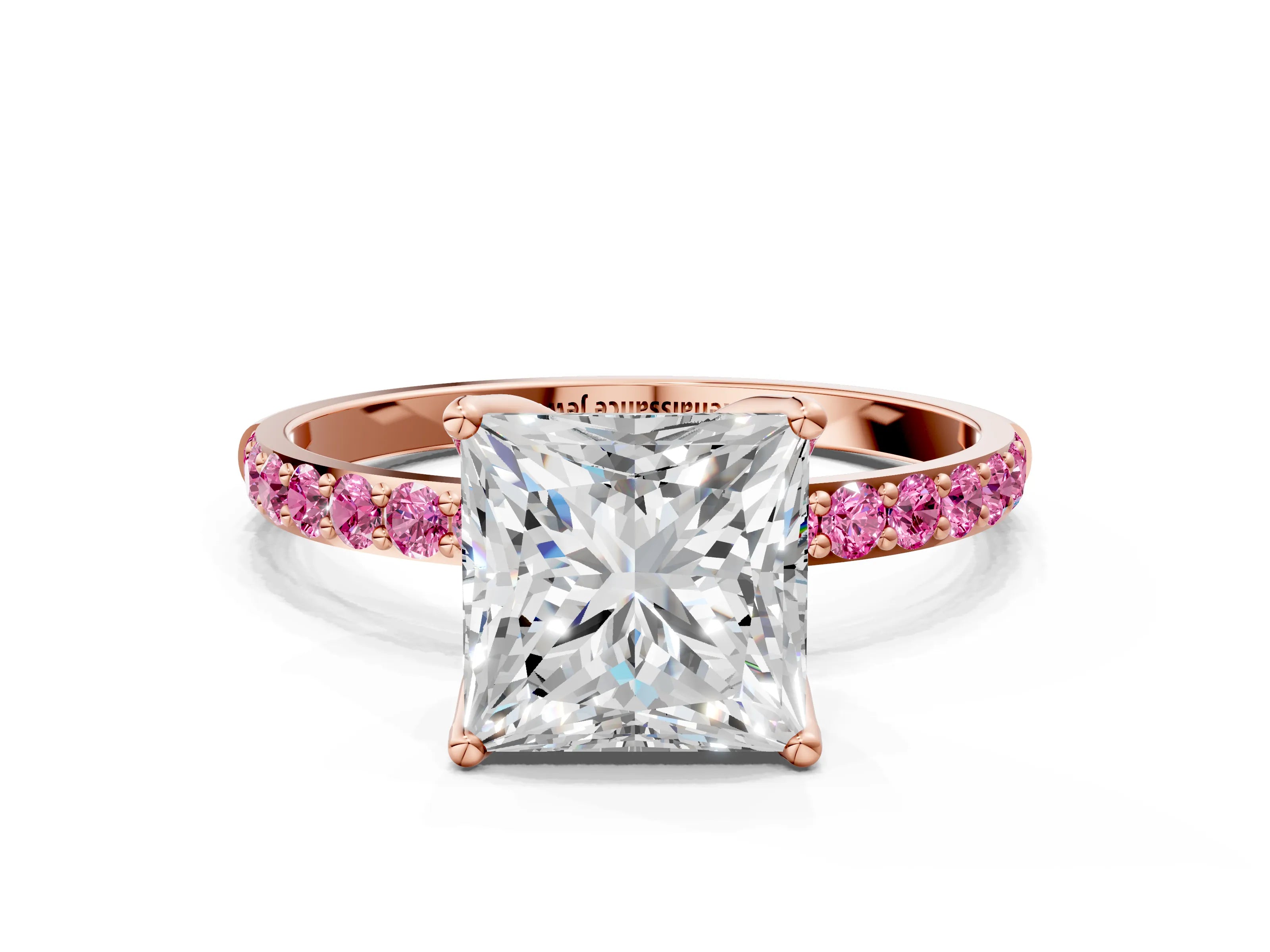 Rose gold Princess Cut Diamond Solitaire Engagement Ring with Round with Pink Sapphire side stone Pavé Band and Prong Setting