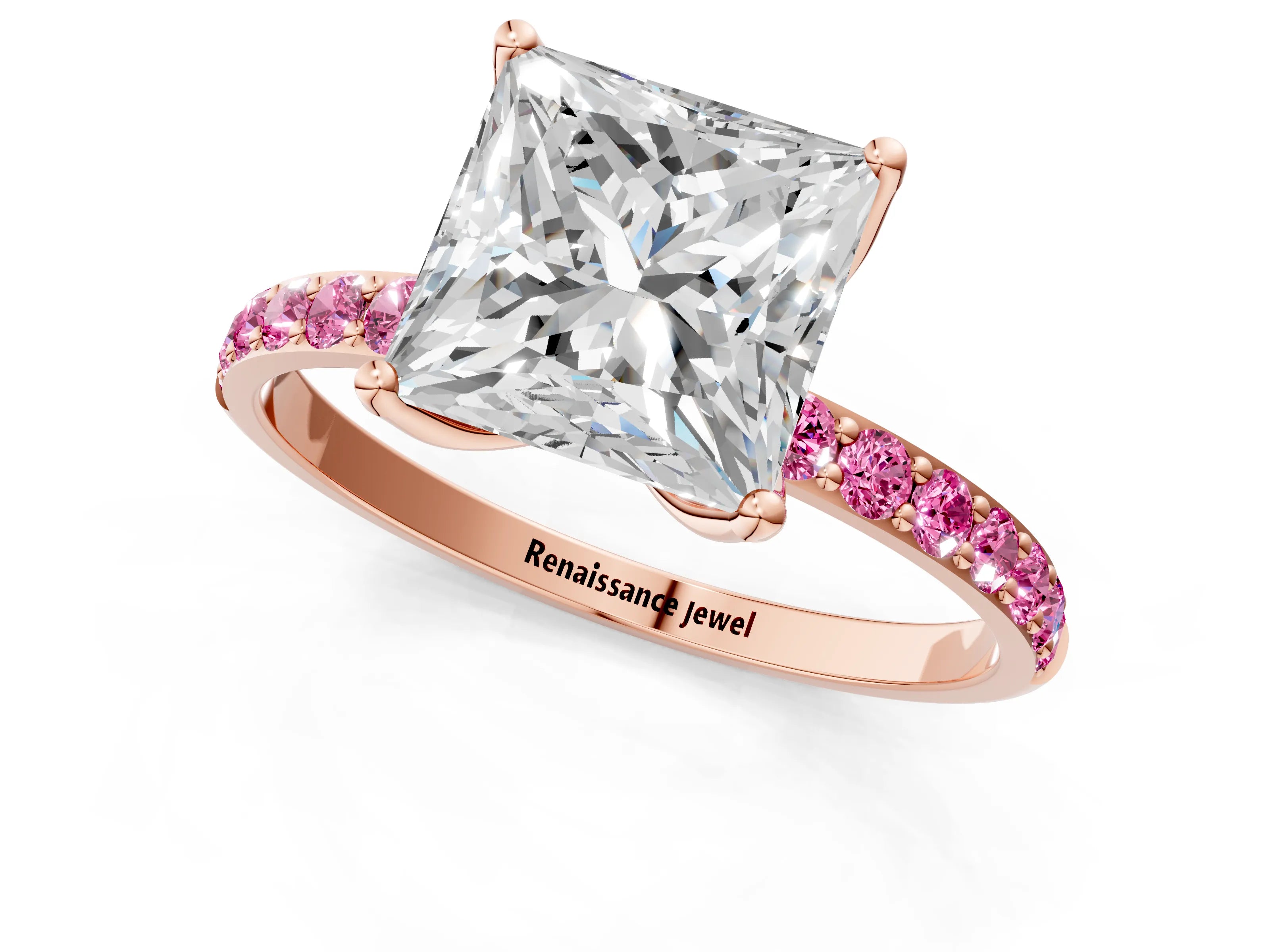 Rose gold Princess Cut Diamond Solitaire Engagement Ring with Round with Pink Sapphire side stone Pavé Band and Prong Setting_1