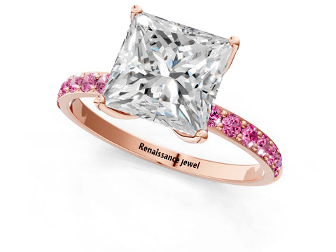 Rose gold Princess Cut Diamond Solitaire Engagement Ring with Round with Pink Sapphire side stone Pavé Band and Prong Setting_1