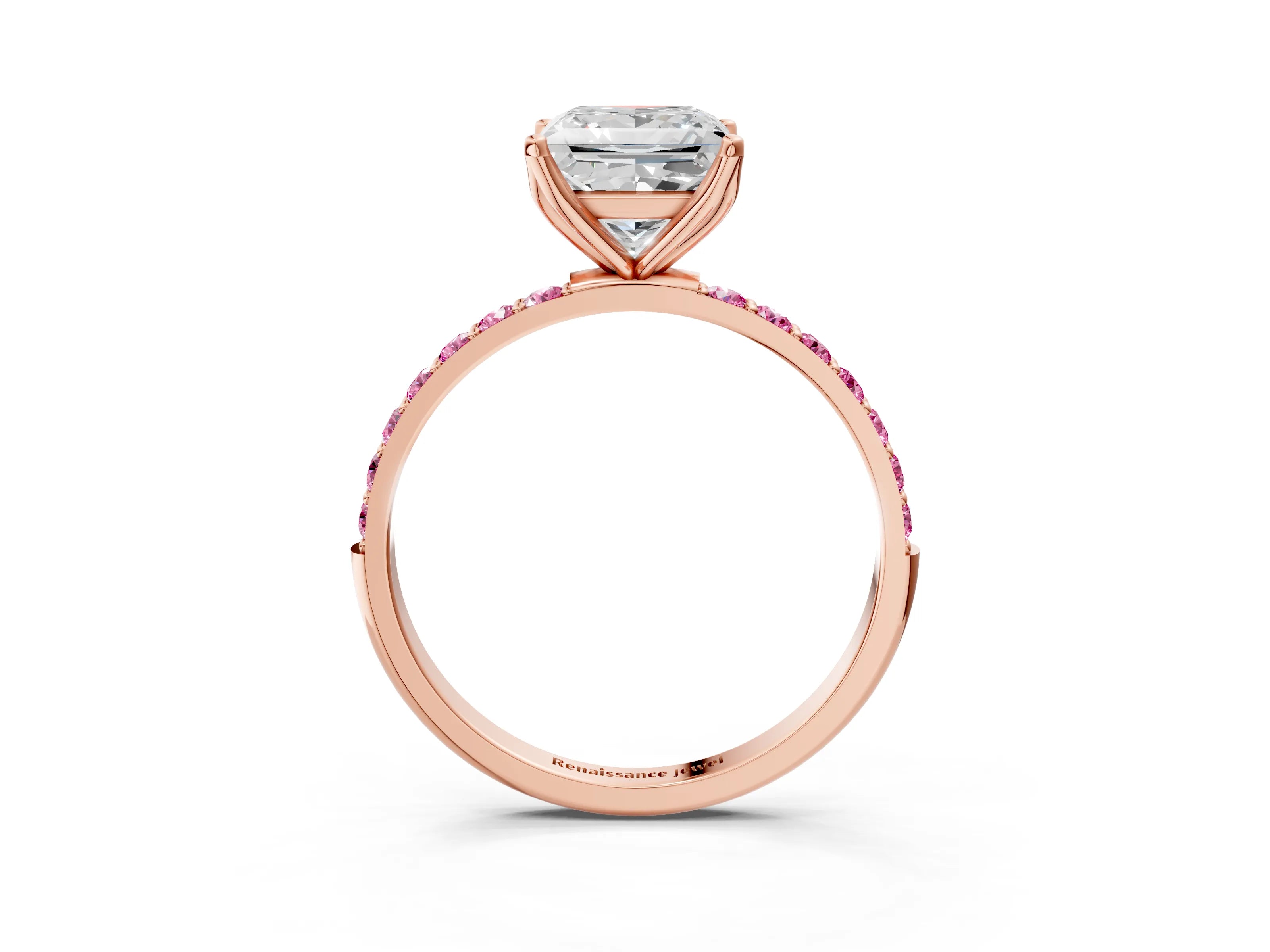 Rose gold Princess Cut Diamond Solitaire Engagement Ring with Round with Pink Sapphire side stone Pavé Band and Prong Setting_3