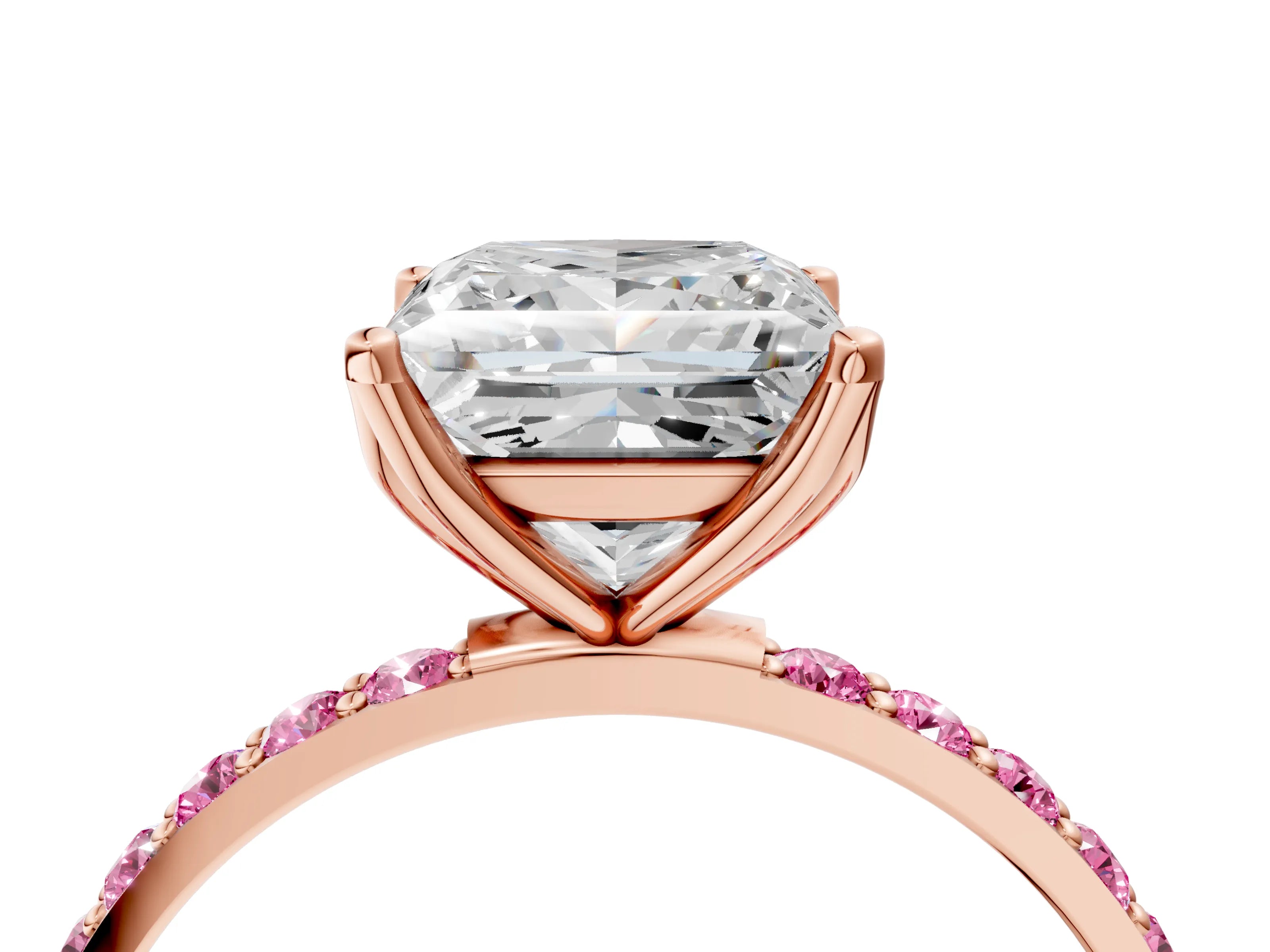Rose gold Princess Cut Diamond Solitaire Engagement Ring with Round with Pink Sapphire side stone Pavé Band and Prong Setting_4