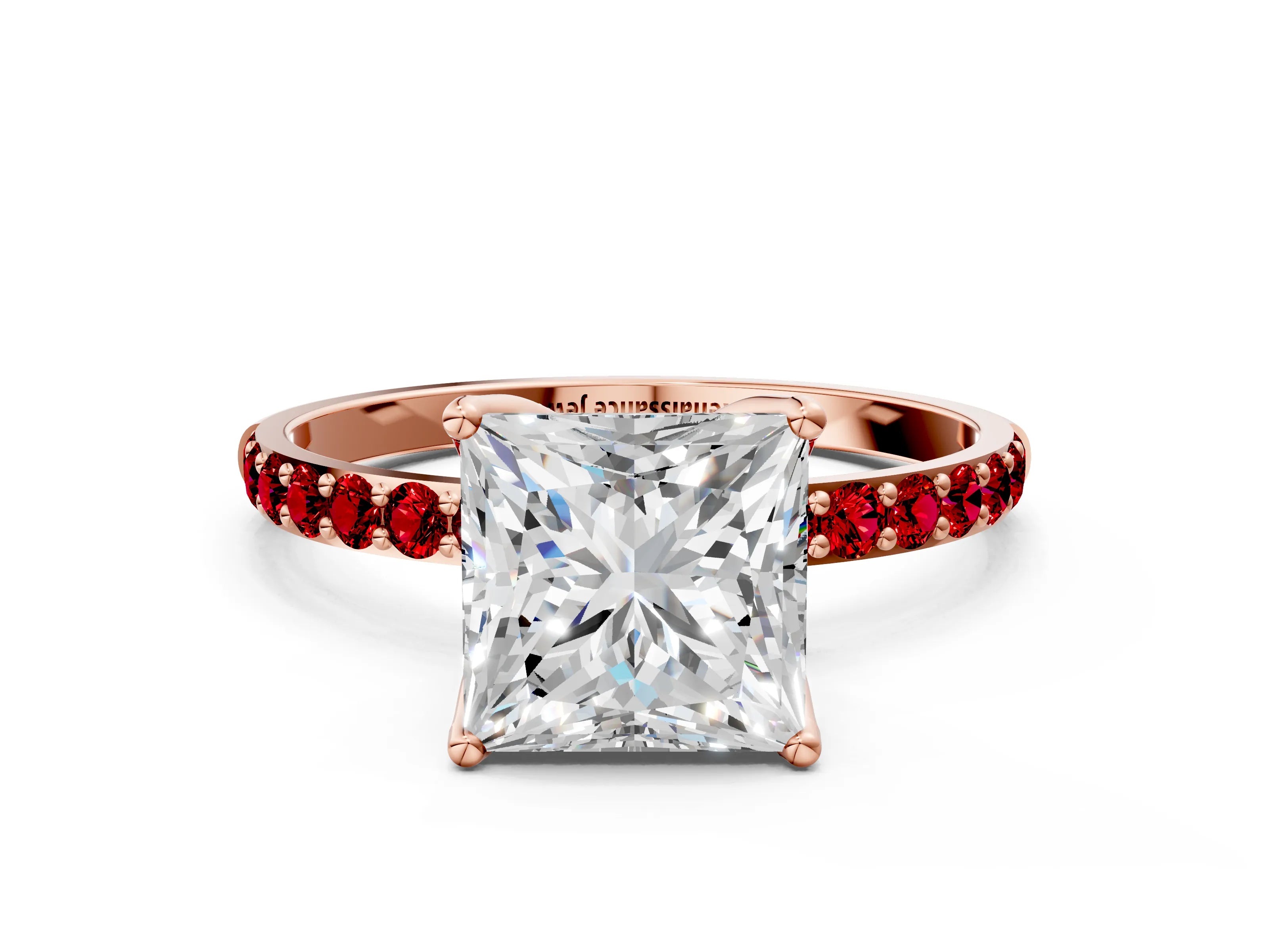 Rose gold Princess Cut Diamond Solitaire Engagement Ring with Round with Ruby side stone Pavé Band and Prong Setting