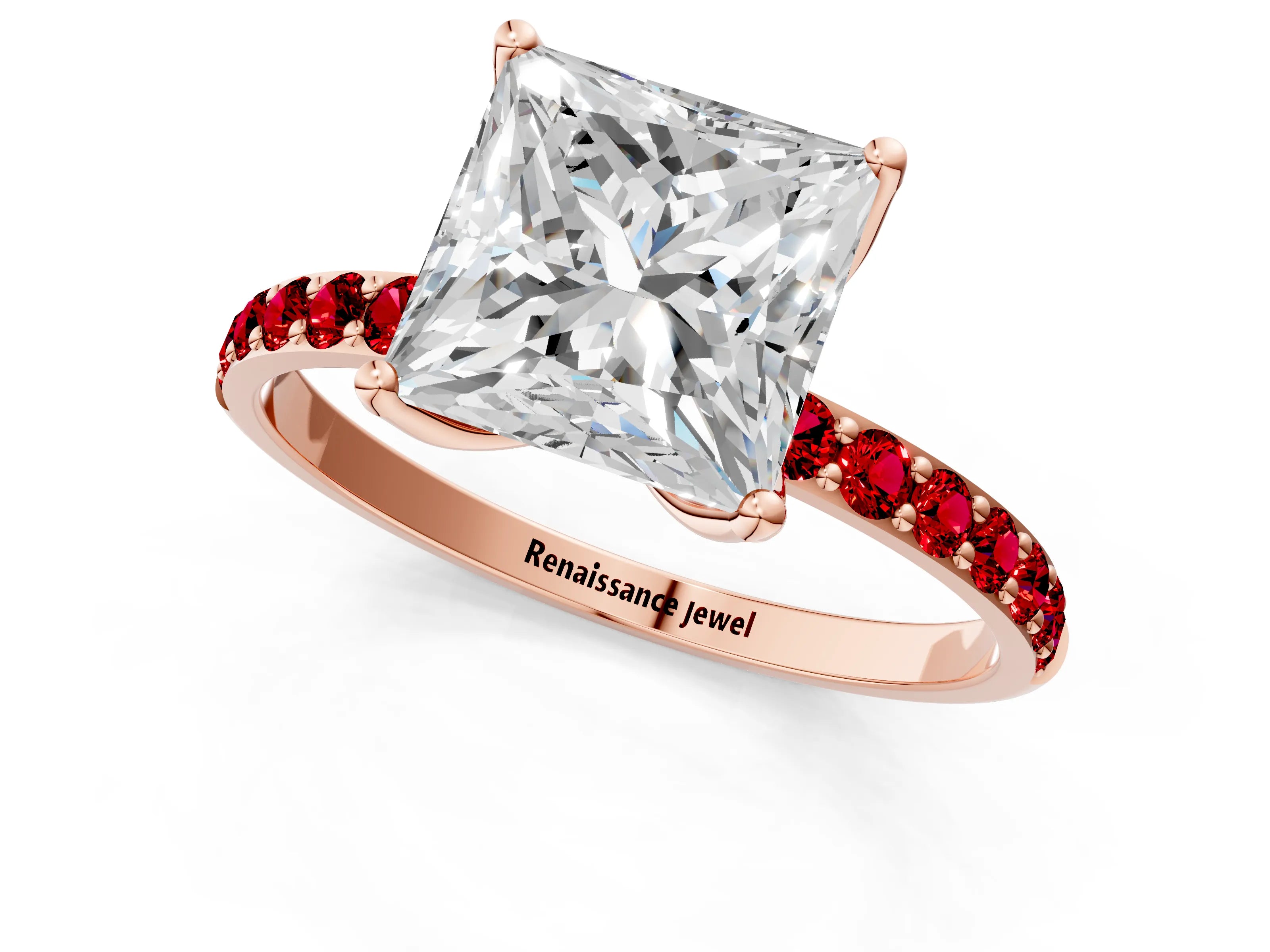 Rose gold Princess Cut Diamond Solitaire Engagement Ring with Round with Ruby side stone Pavé Band and Prong Setting_1
