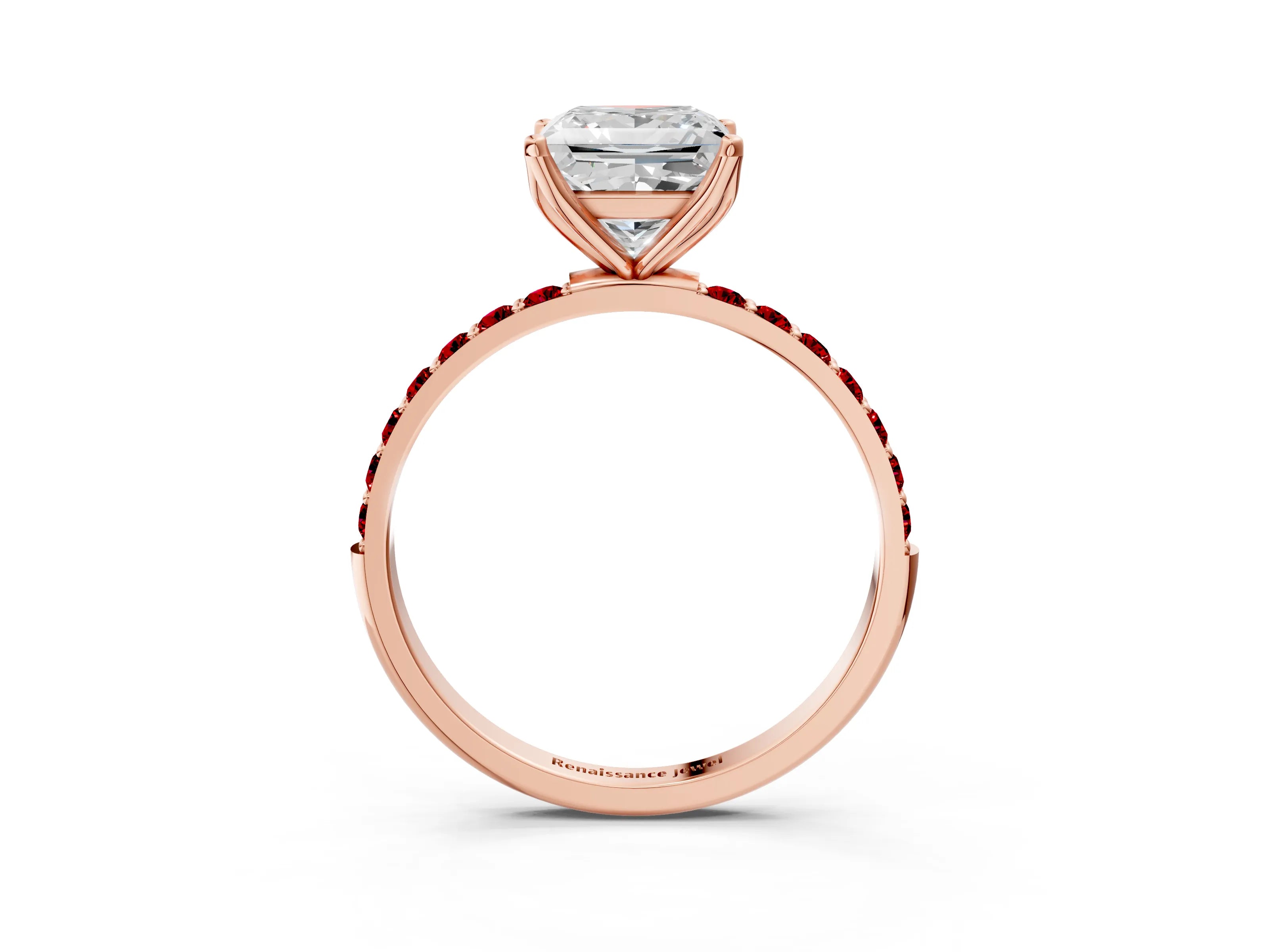 Rose gold Princess Cut Diamond Solitaire Engagement Ring with Round with Ruby side stone Pavé Band and Prong Setting_3