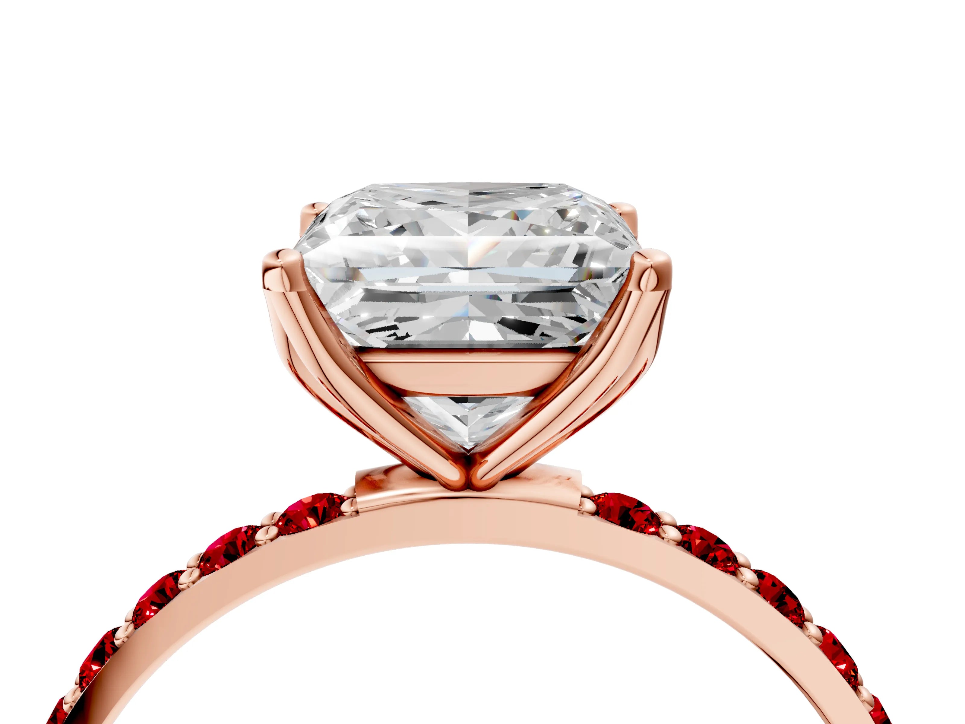 Rose gold Princess Cut Diamond Solitaire Engagement Ring with Round with Ruby side stone Pavé Band and Prong Setting_4