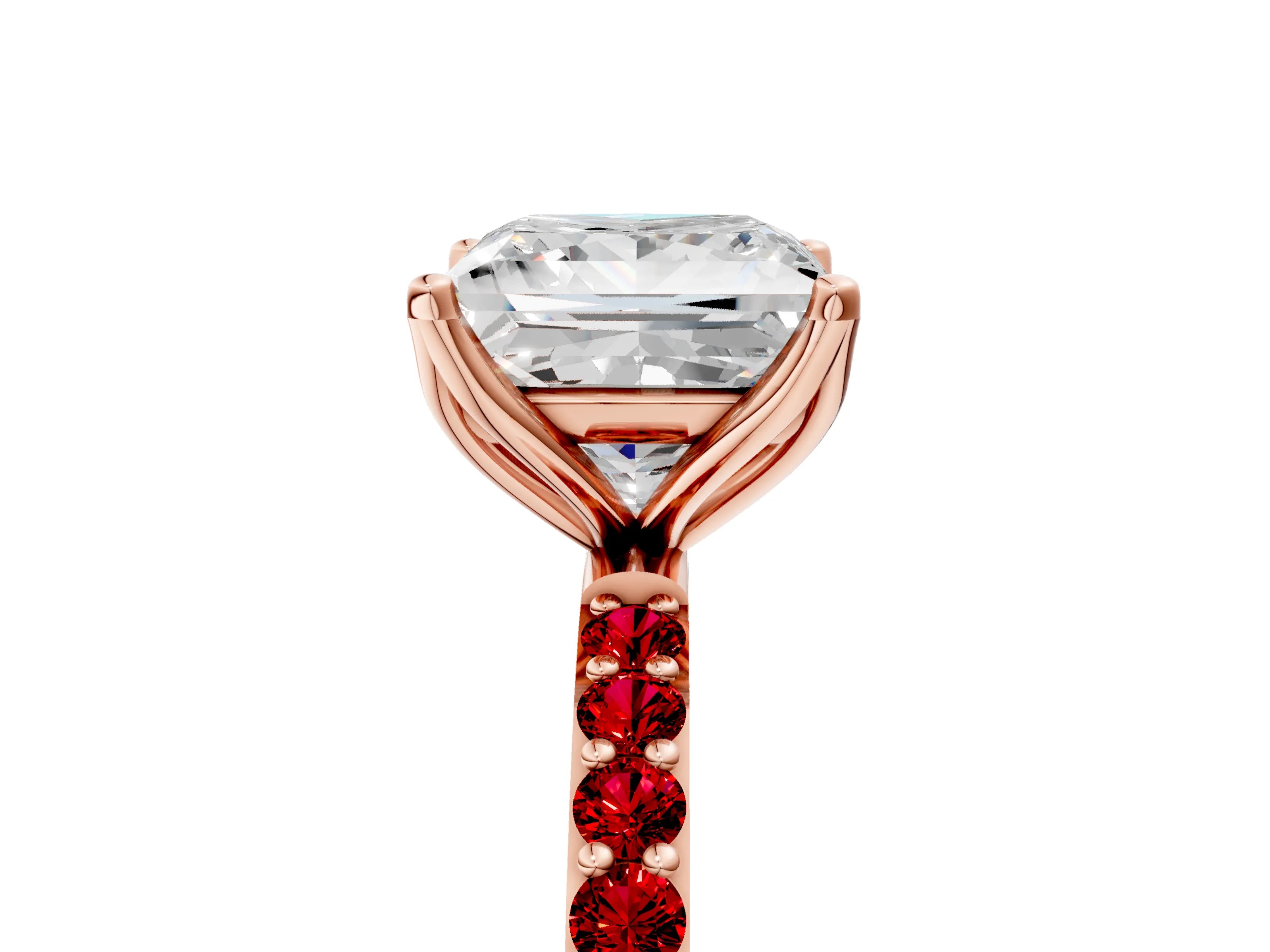 Rose gold Princess Cut Diamond Solitaire Engagement Ring with Round with Ruby side stone Pavé Band and Prong Setting_5