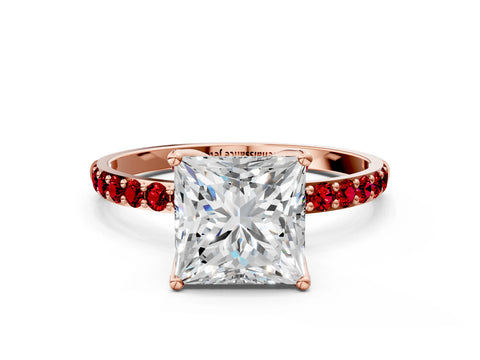 Rose gold Princess Cut Diamond Solitaire Engagement Ring with Round with Ruby side stone Pavé Band and Prong Setting