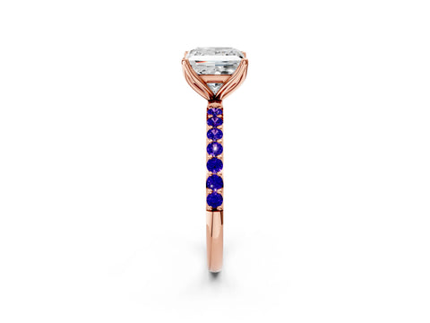 Rose gold Princess Cut Diamond Solitaire Engagement Ring with Round with Tanzanite side stone Pavé Band and Prong Setting_2