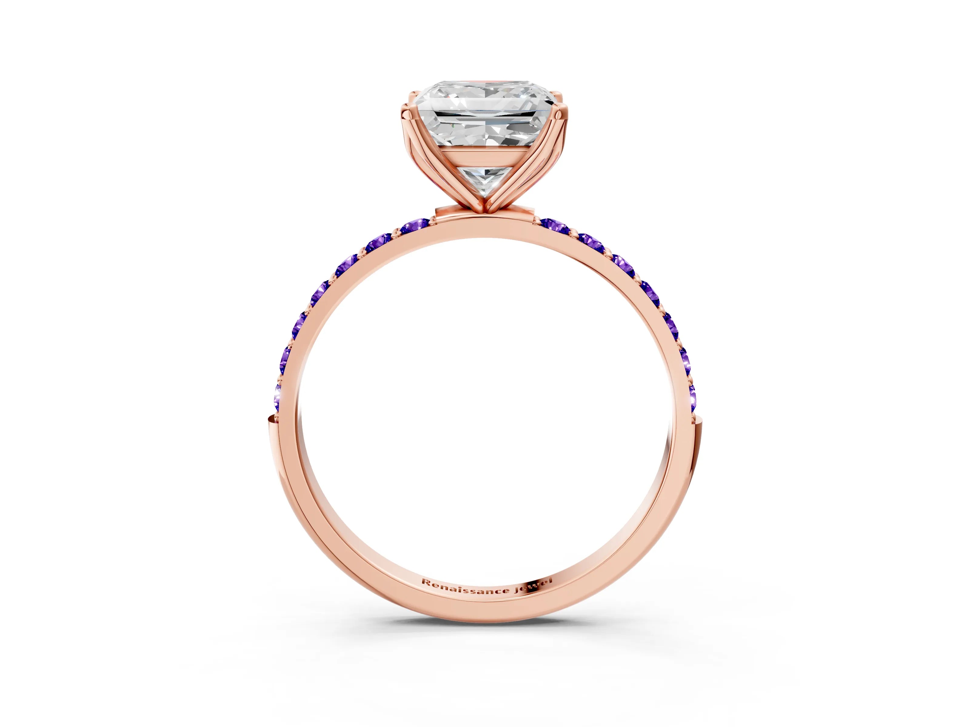 Rose gold Princess Cut Diamond Solitaire Engagement Ring with Round with Tanzanite side stone Pavé Band and Prong Setting_3