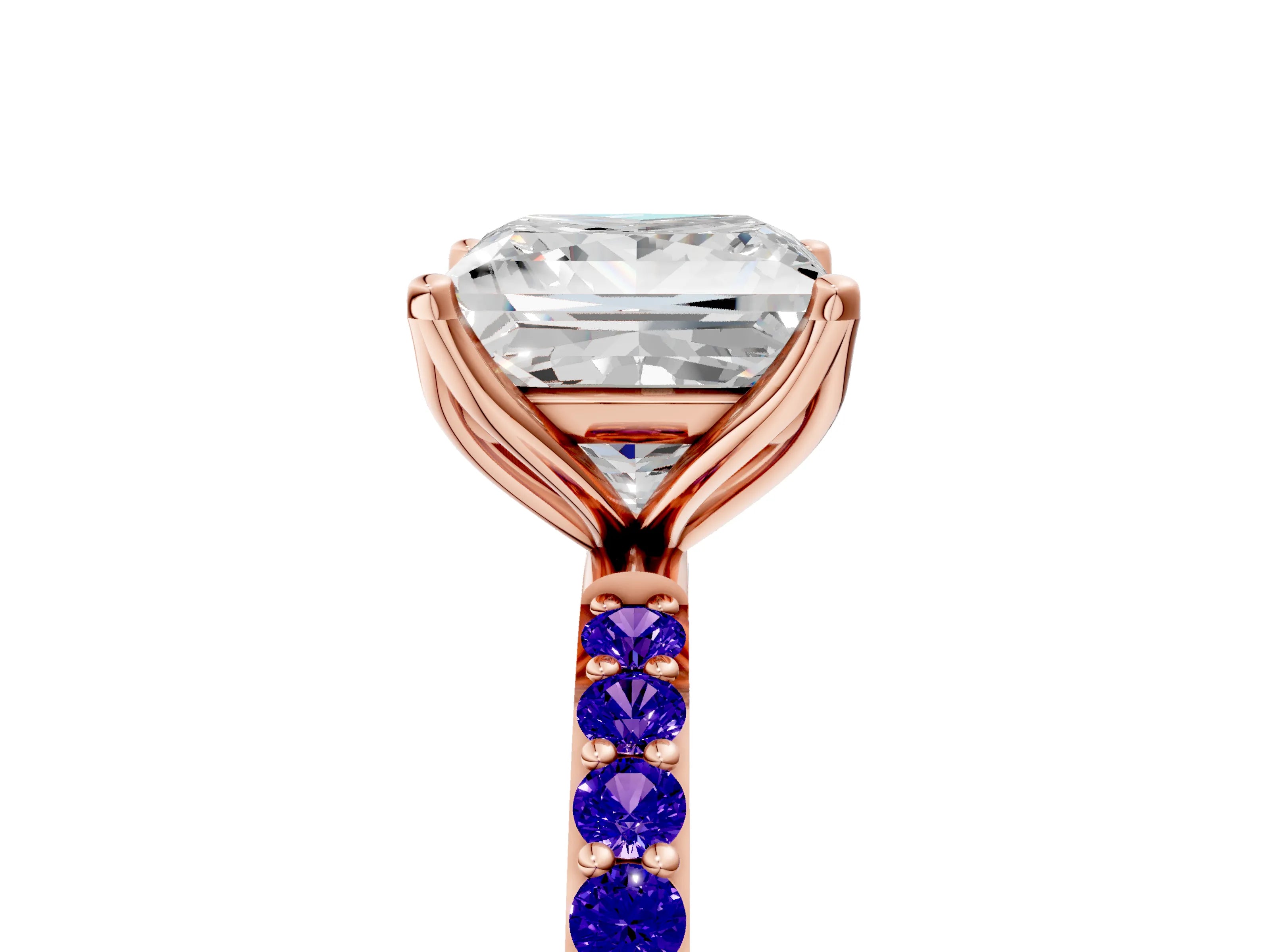 Rose gold Princess Cut Diamond Solitaire Engagement Ring with Round with Tanzanite side stone Pavé Band and Prong Setting_5