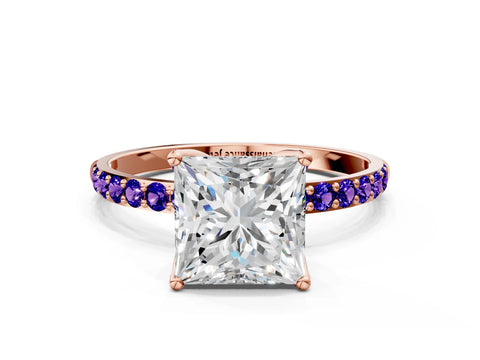 Rose gold Princess Cut Diamond Solitaire Engagement Ring with Round with Tanzanite side stone Pavé Band and Prong Setting
