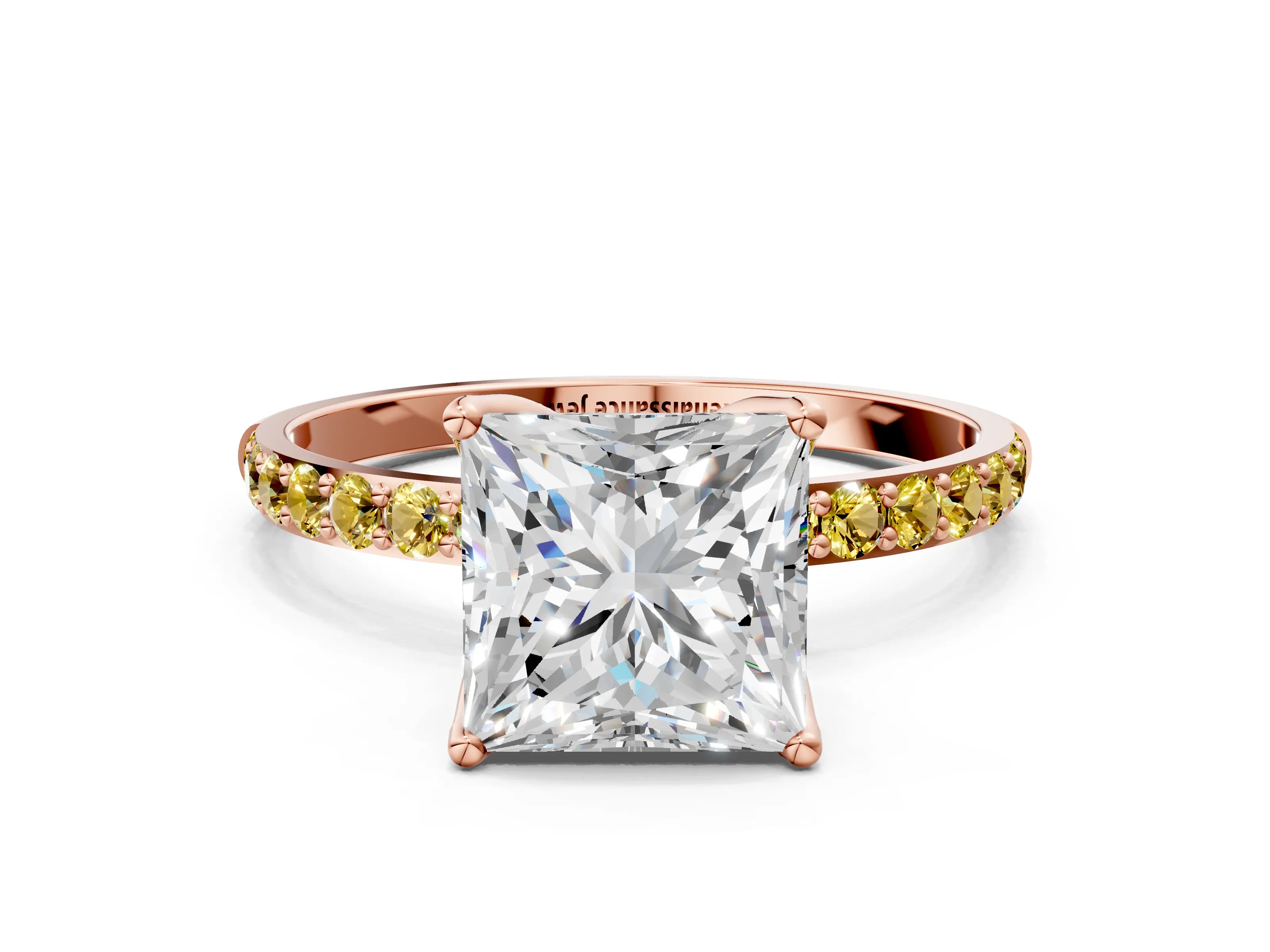 Rose gold Princess Cut Diamond Solitaire Engagement Ring with Round with Yellow Sapphire side stone Pavé Band and Prong Setting