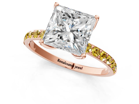 Rose gold Princess Cut Diamond Solitaire Engagement Ring with Round with Yellow Sapphire side stone Pavé Band and Prong Setting_1