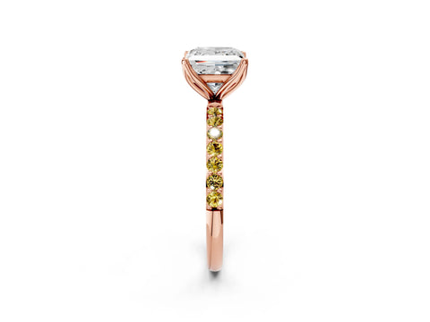 Rose gold Princess Cut Diamond Solitaire Engagement Ring with Round with Yellow Sapphire side stone Pavé Band and Prong Setting_2