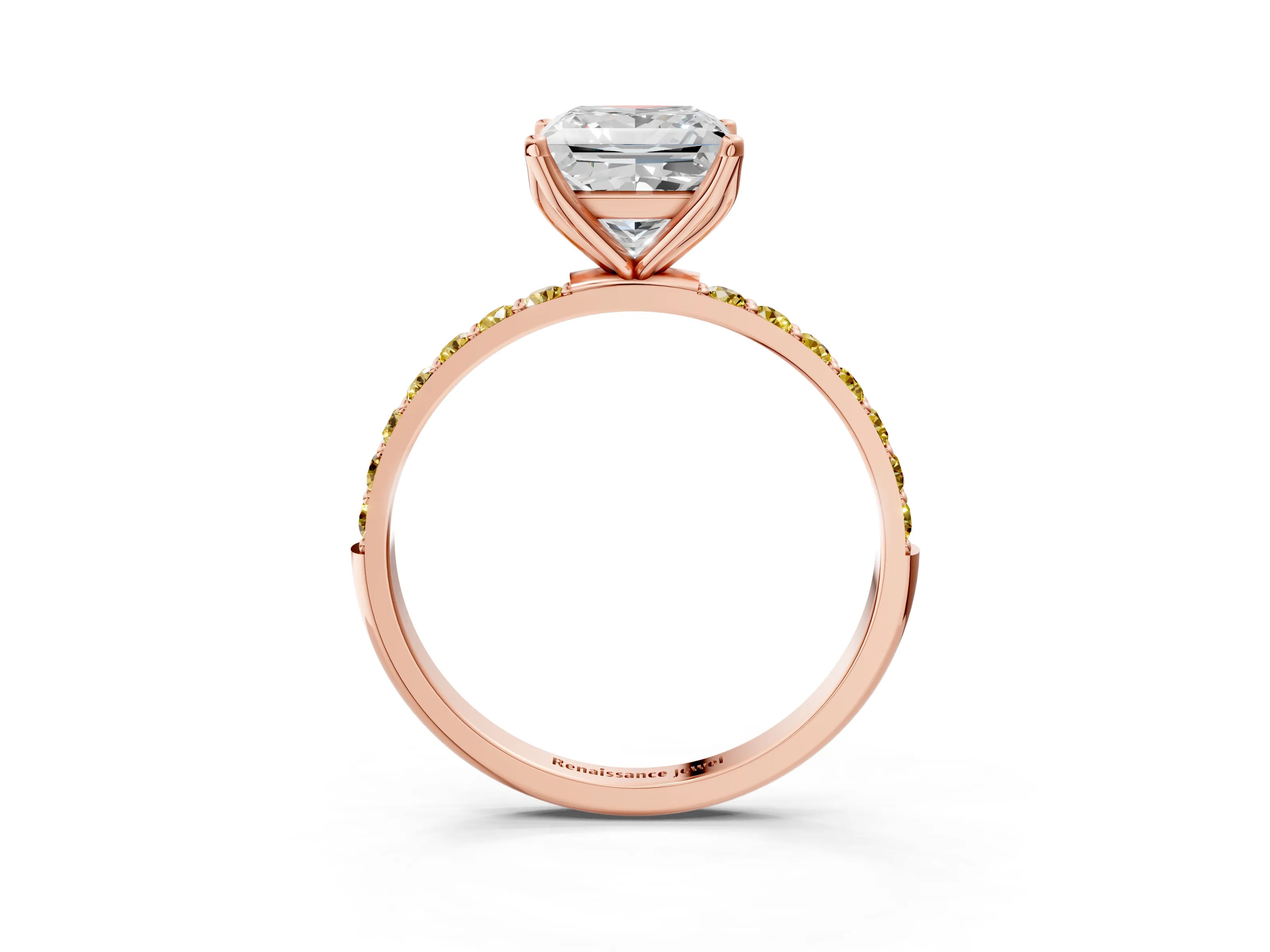 Rose gold Princess Cut Diamond Solitaire Engagement Ring with Round with Yellow Sapphire side stone Pavé Band and Prong Setting_3