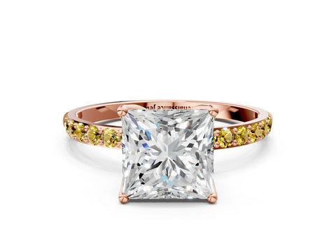 Rose gold Princess Cut Diamond Solitaire Engagement Ring with Round with Yellow Sapphire side stone Pavé Band and Prong Setting