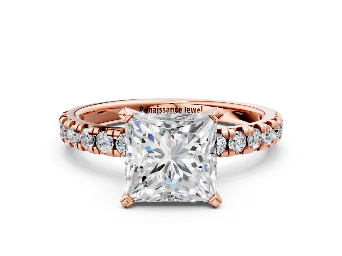 Rose gold Princess Cut Diamond Solitaire Pavé Engagement Ring with Round Band and Prong Setting_80