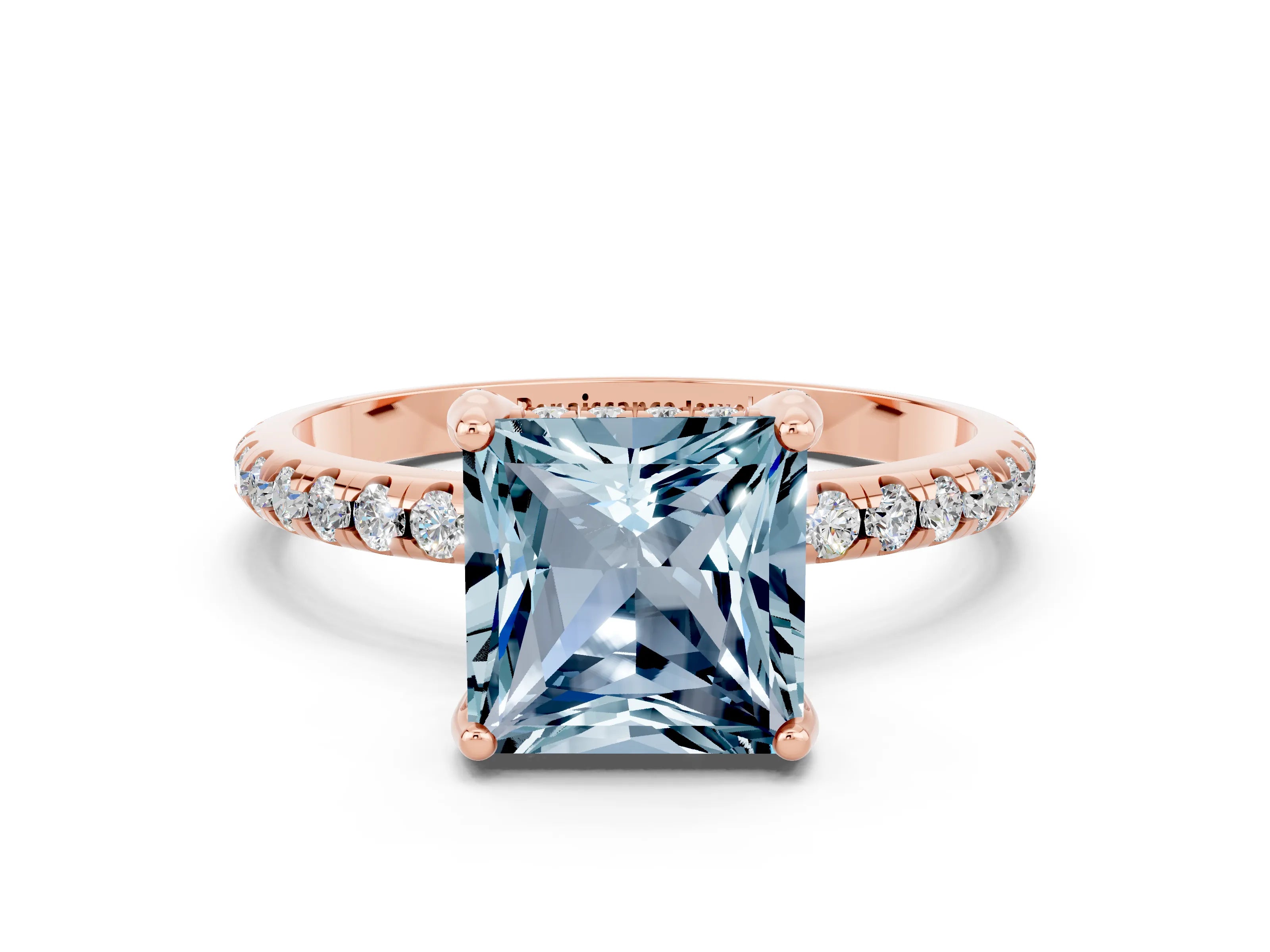 Rose gold Princess Cut Diamond Solitaire Ring with Four-Prong Setting and Pavé Band