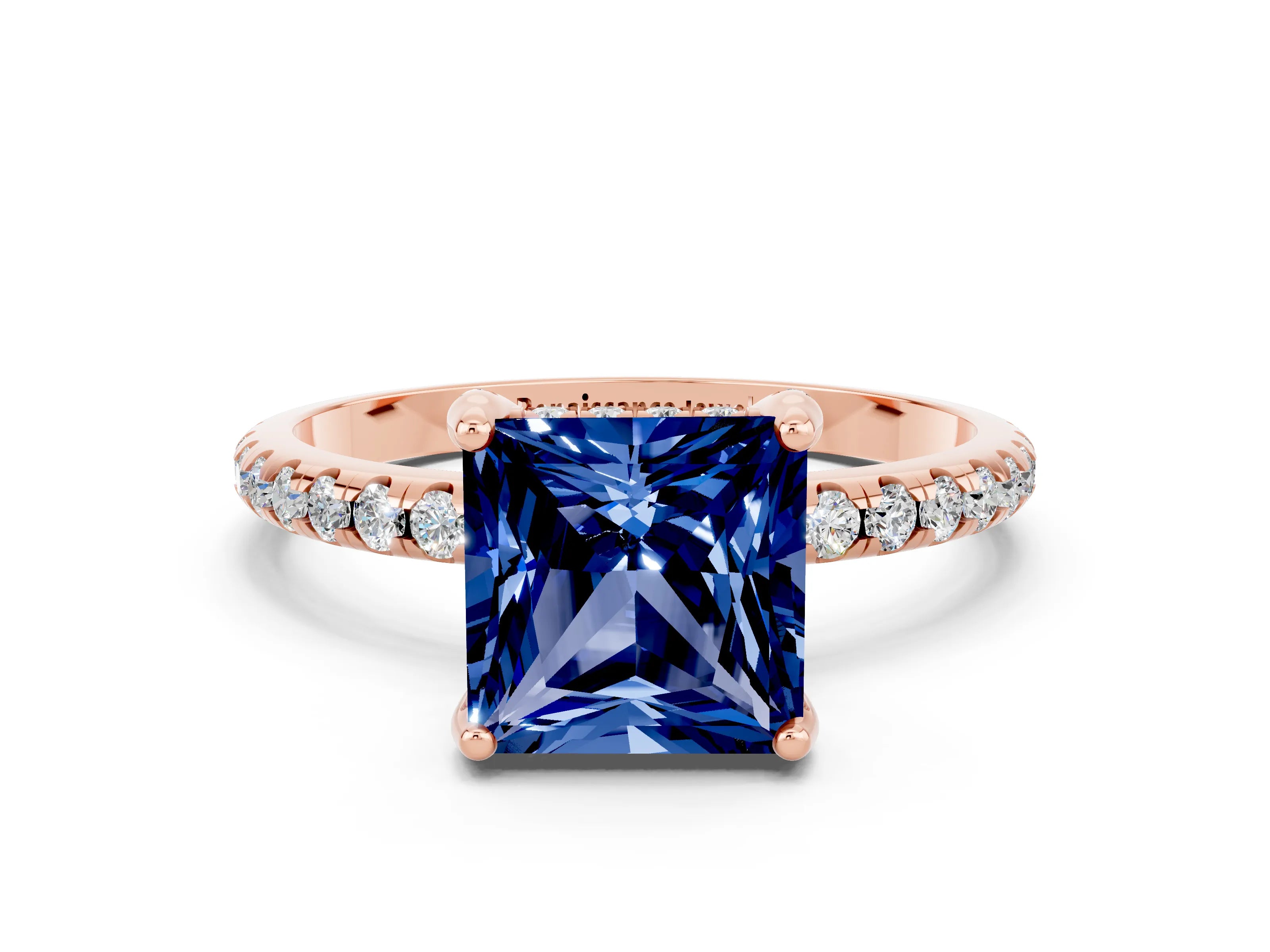 Rose gold Princess Cut Diamond Solitaire Ring with Four-Prong Setting and Pavé Band