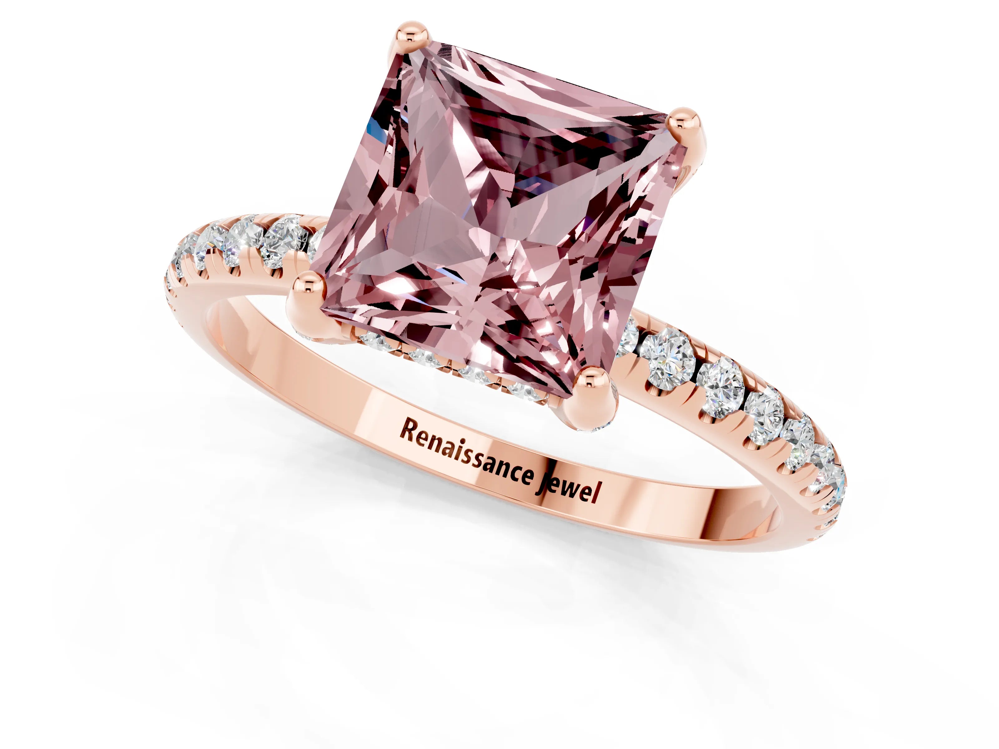 Rose gold Princess Cut Diamond Solitaire Ring with Four-Prong Setting and Pavé Band_1