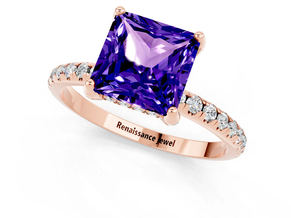 Rose gold Princess Cut Tanzanite Hidden Halo Engagement Ring with Round Pavé Band and Prong Setting