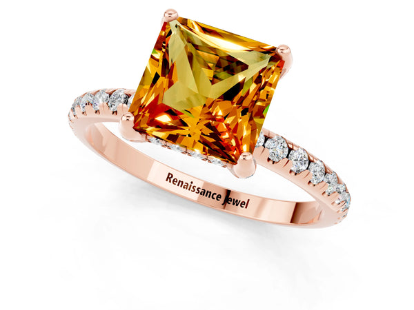 Rose gold Princess Cut Citrine Hidden Halo Engagement Ring with Round Pavé Band and Prong Setting