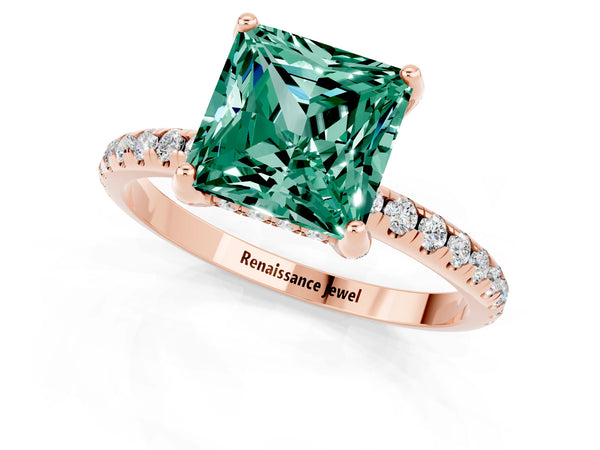 Rose gold Princess Cut Green Sapphire Hidden Halo Engagement Ring with Round Pavé Band and Prong Setting