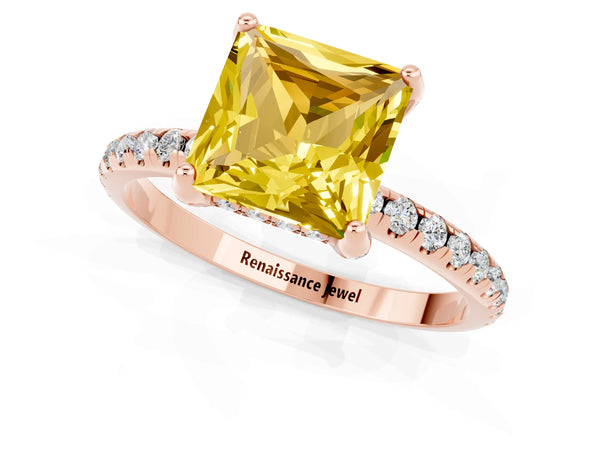 Rose gold Princess Cut Yellow Sapphire Hidden Halo Engagement Ring with Round Pavé Band and Prong Setting