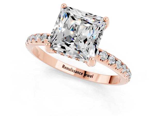 Rose gold Princess Cut Moissanite Hidden Halo Engagement Ring with Round Pavé Band and Prong Setting