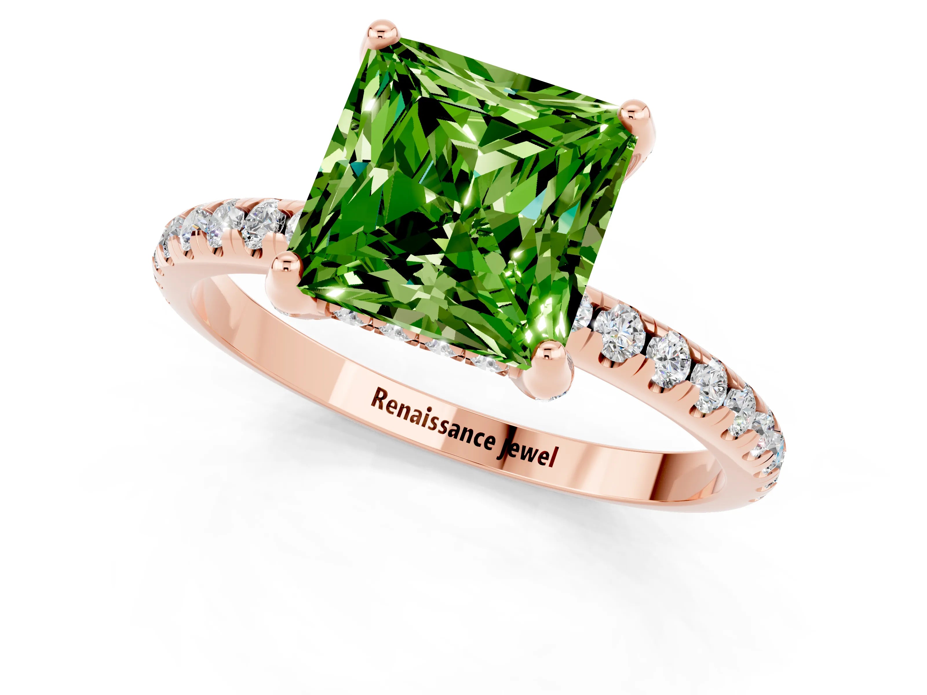 Rose gold Princess Cut Diamond Solitaire Ring with Four-Prong Setting and Pavé Band_1