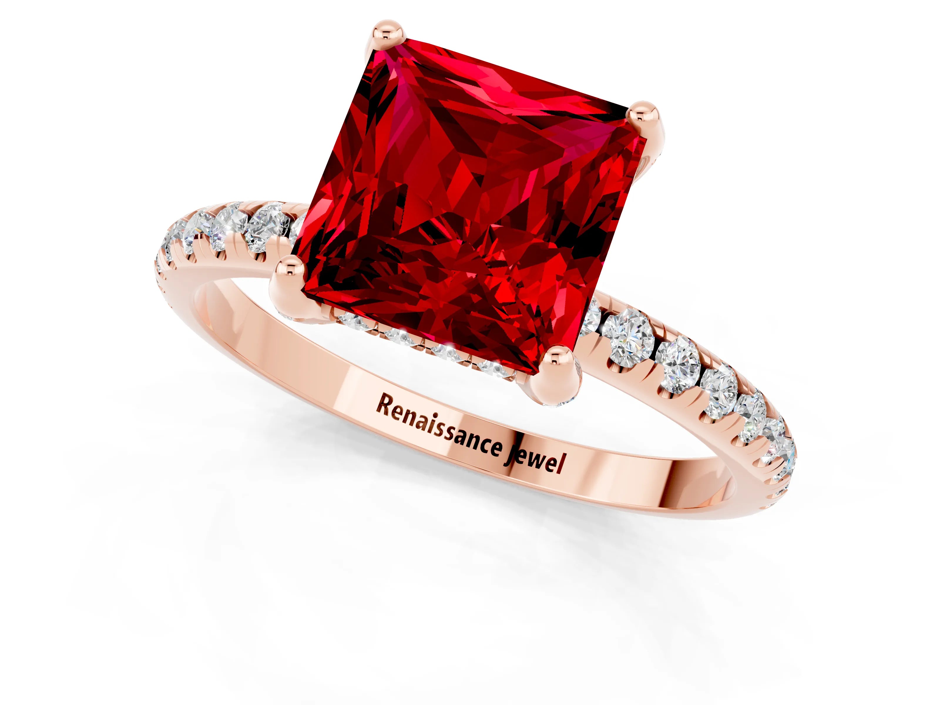 Rose gold Princess Cut Diamond Solitaire Ring with Four-Prong Setting and Pavé Band_1